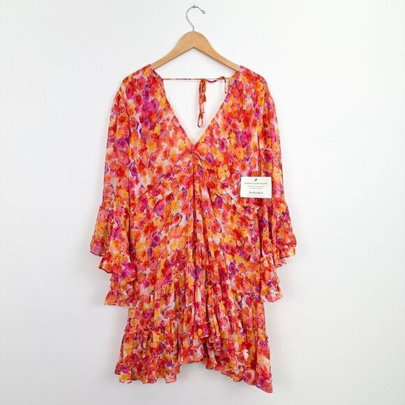 MISA Los Angeles Yasemin Bright Pink Orange Yellow Floral Chiffon Bell Sleeve Mi - Picture 2 of 16